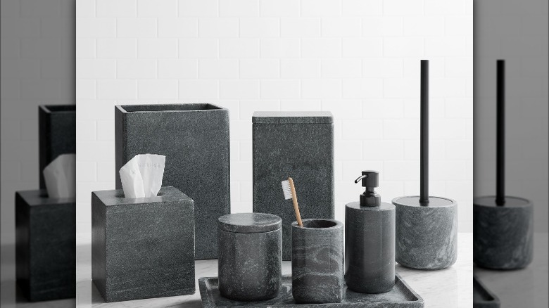 black marble bathroom accessory set