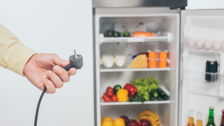 man holding unplugged fridge cord