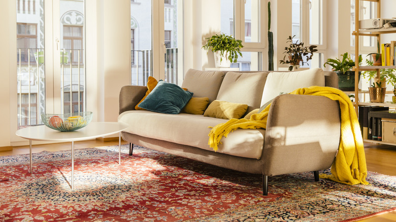 Warm living room with bright rug