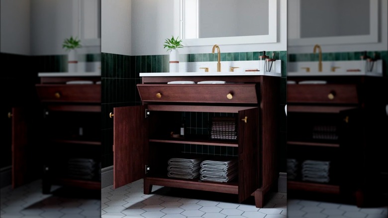 wooden vanity in bathroom 