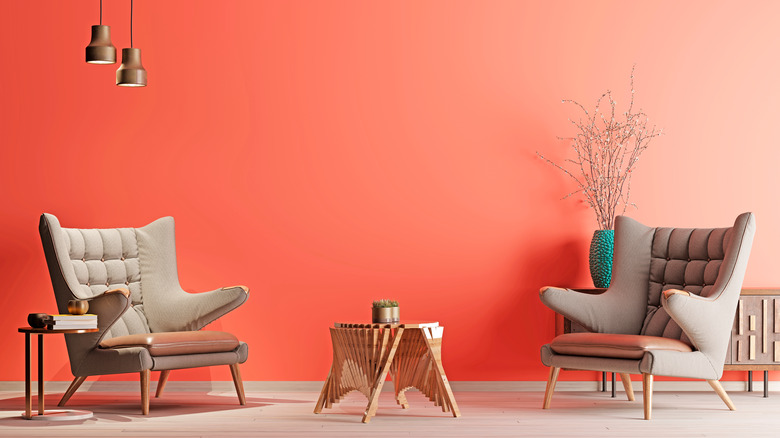 coral colored living room