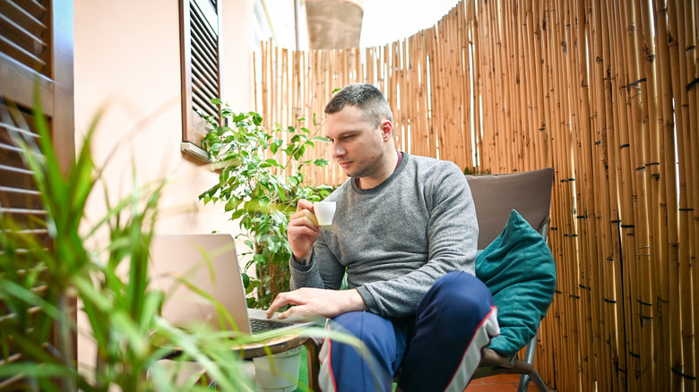 man sitting within bamboo fence