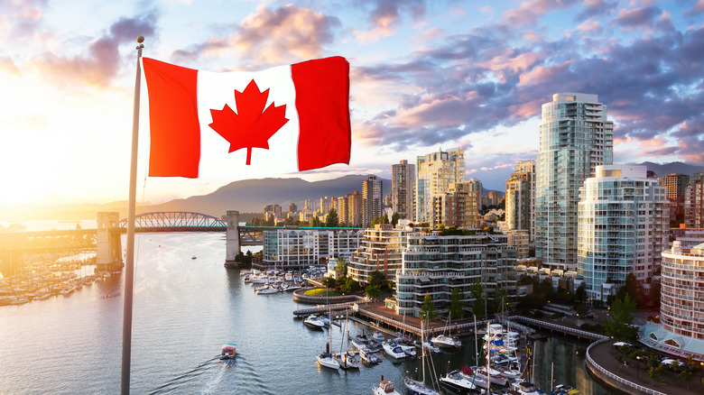 Canadian flag and city by the water