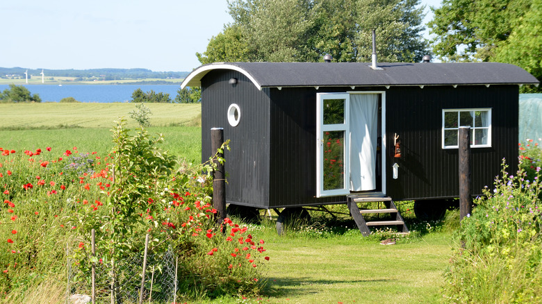 tiny house with black siding