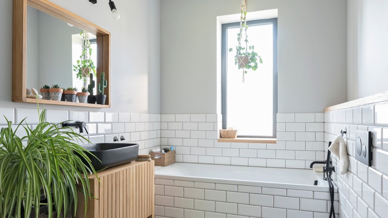 modern bathroom with framed mirror