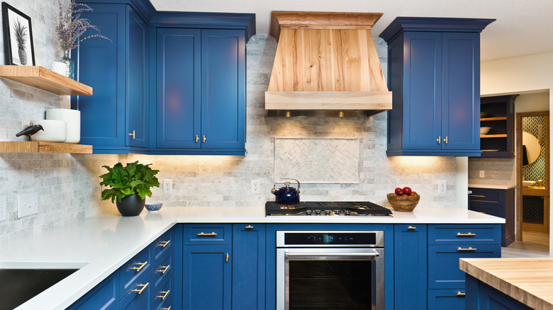 Denim blue and neutral colored kitchen