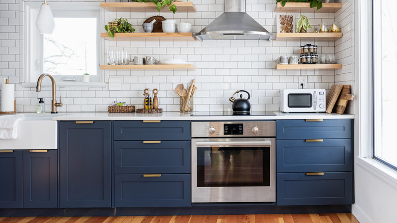 kitchen with blue cabinetry