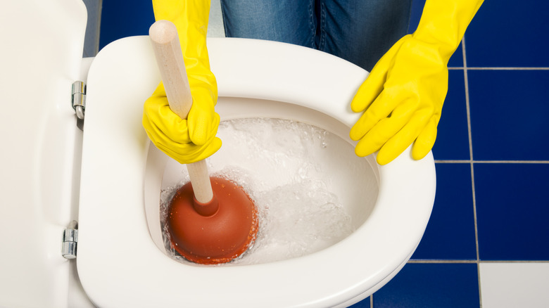 person using a plunger in a toilet