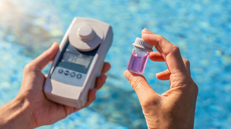 Person testing pool water