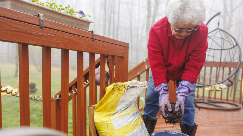 filling bucket with potting mix