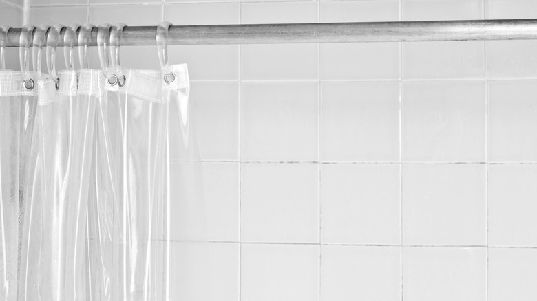 Shower curtain and hooks on rod