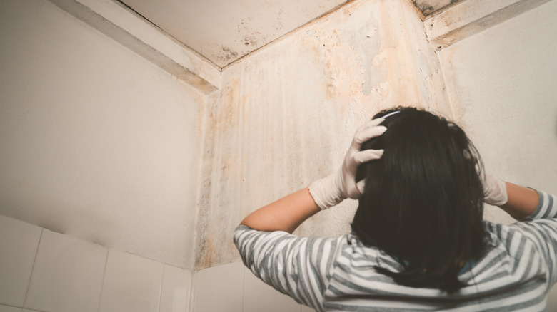 A distraught person looking at the water damage in their shower