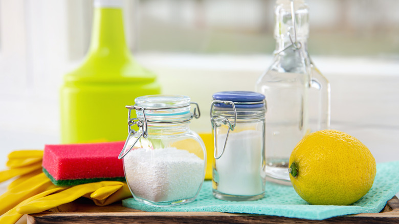 Cleaning supplies on a counter