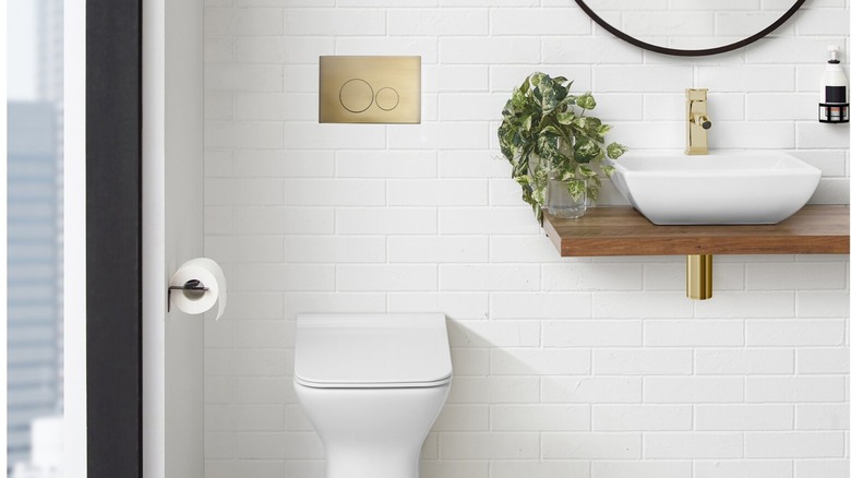 bathroom with gold flush plate