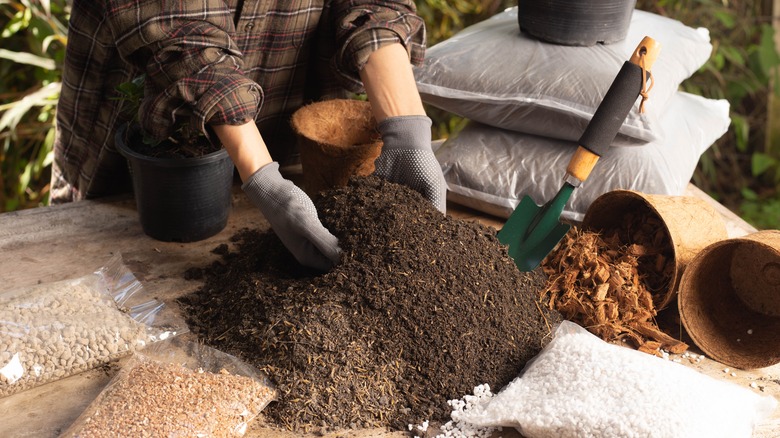 person with gloves mixing soil
