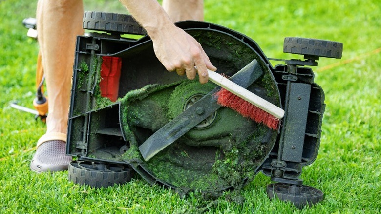 A person sweeps off cut grass from the bottom of a push lawn mower.