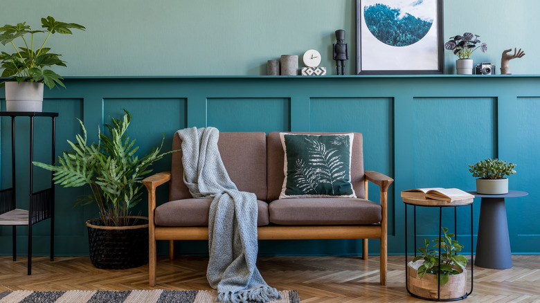 teal livingroom with plants