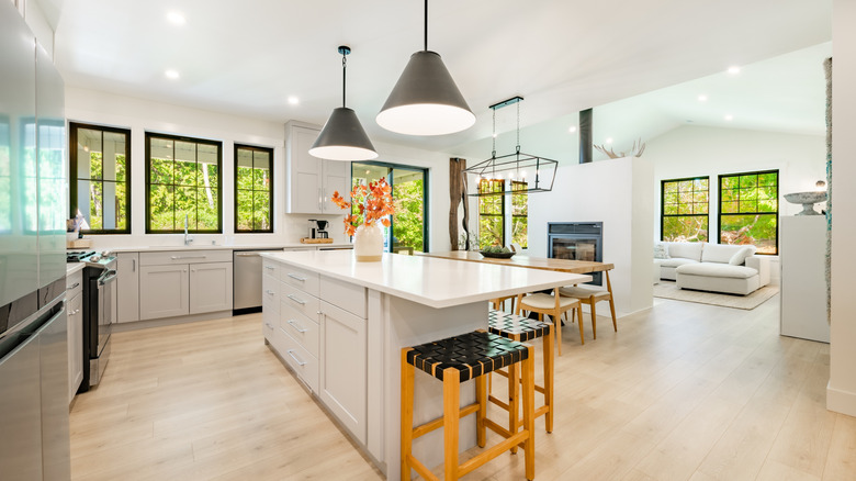 Modern farmhouse interior with bare windows