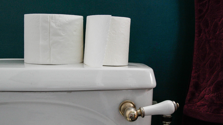 Two rolls of toilet paper on top of a toilet tank