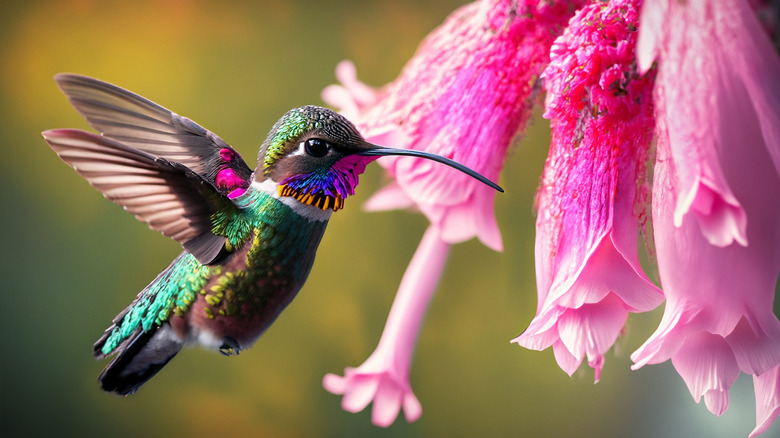 hummingbird near pink flowers