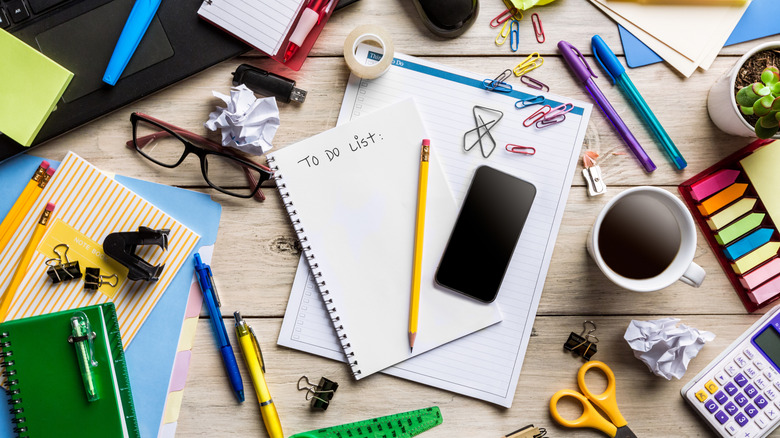 messy office desk space