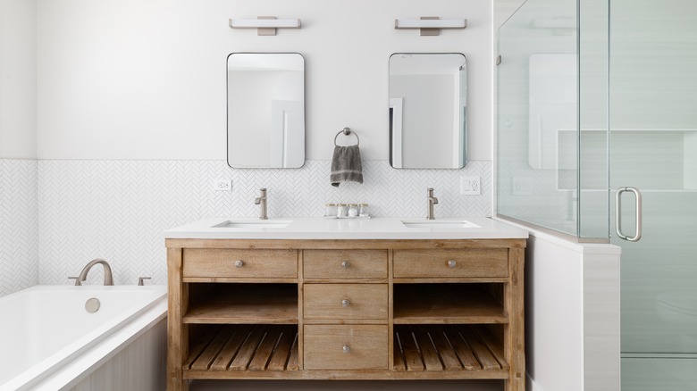 Wood bathroom vanity with double sinks