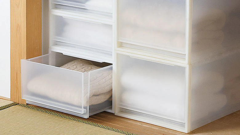 semi transparent bins in closet