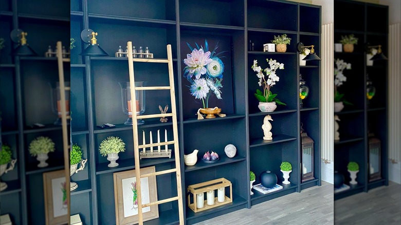 Black bookcase with library ladder