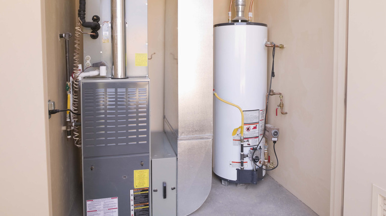 A furnace in the basement of a property