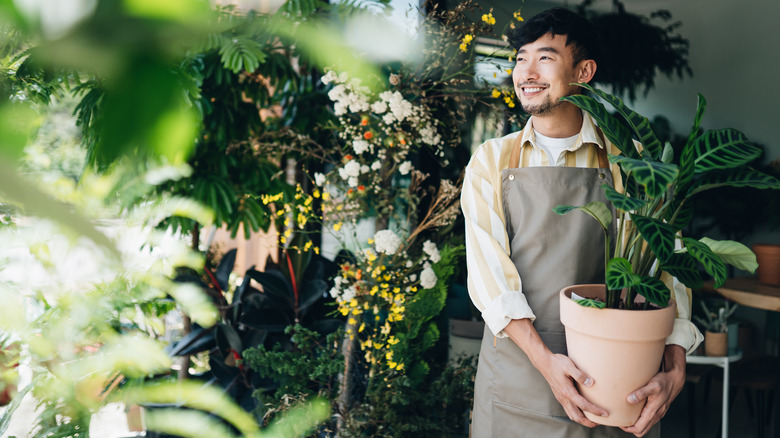 man holding plant in shop