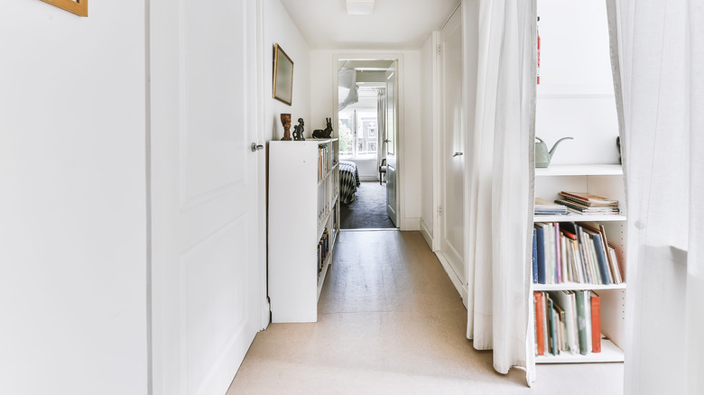 Bright hallway with bookcases