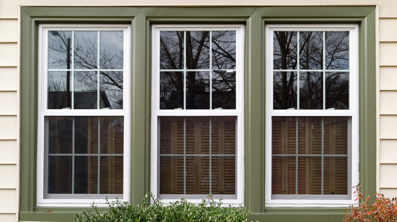 Three windows with green trim