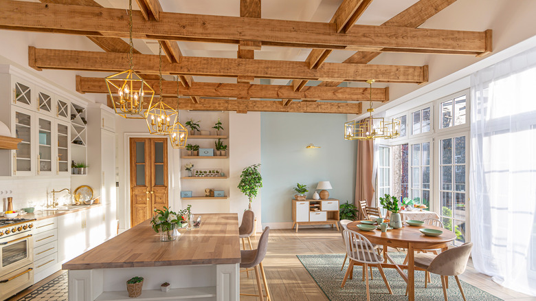wooden beams on kitchen ceiling