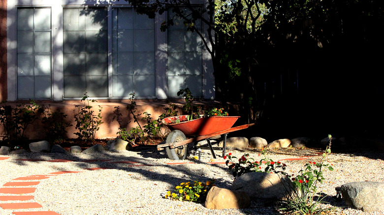 Shady gravel yard with wheelbarrow