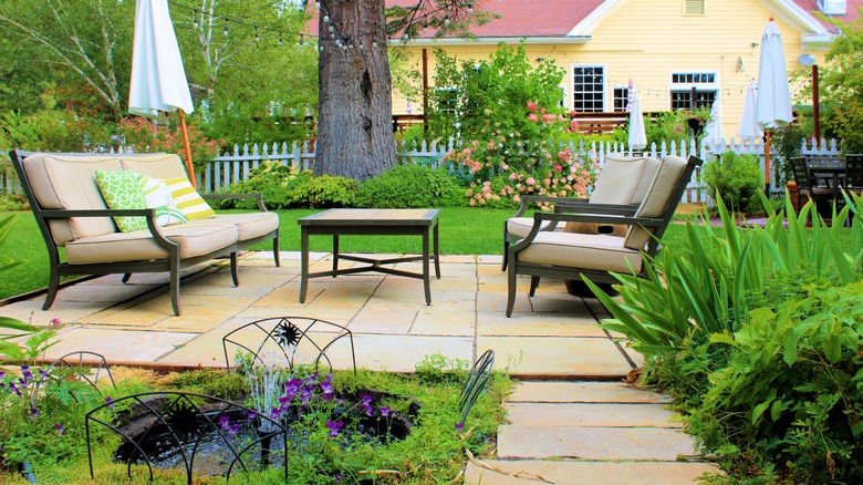 patio with water fountain