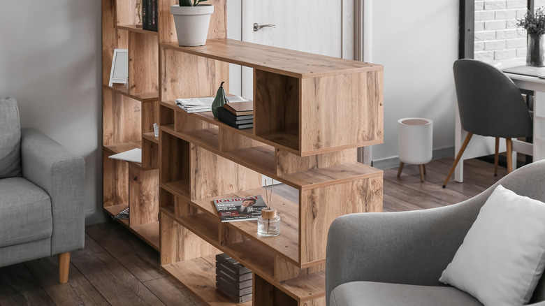 Zoned entryway with bookshelf as divider