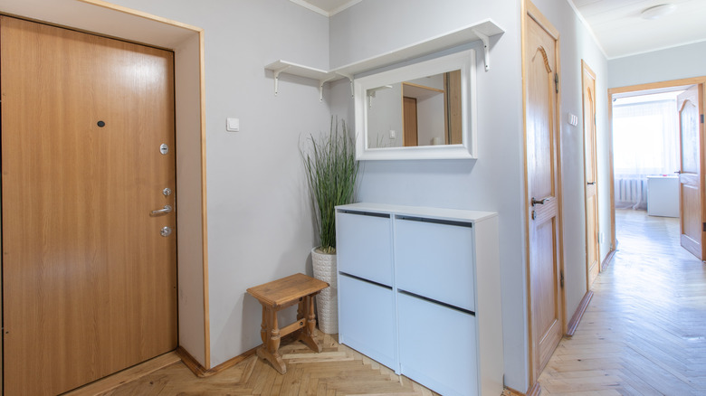 Hall entryway with shoe cabinets and mirror