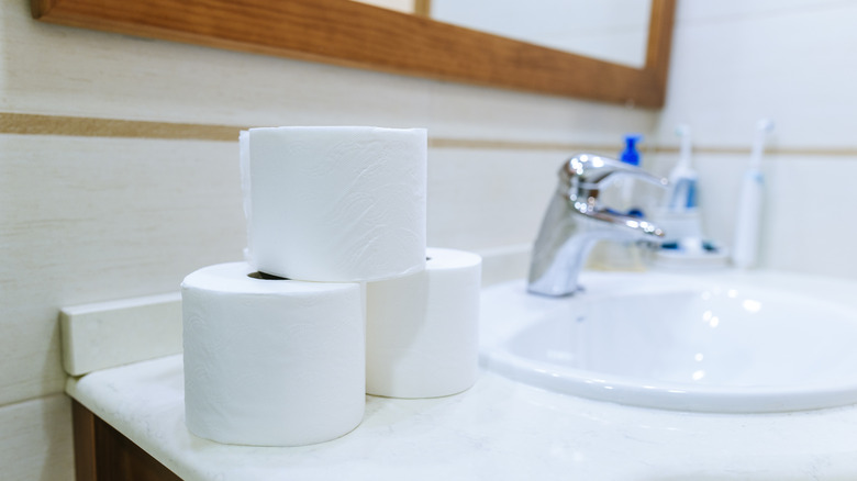 toilet paper rolls on sink