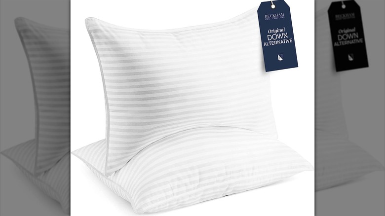 Two striped down alternative pillows