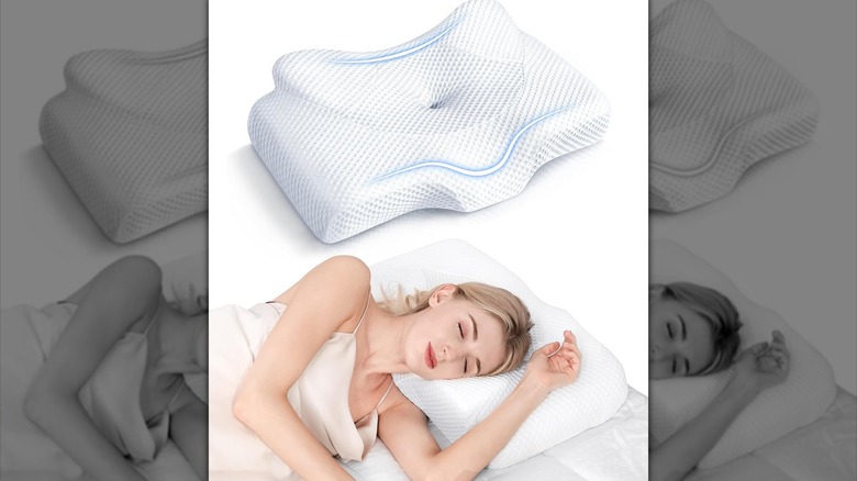 Woman demonstrating orthopedic pillow