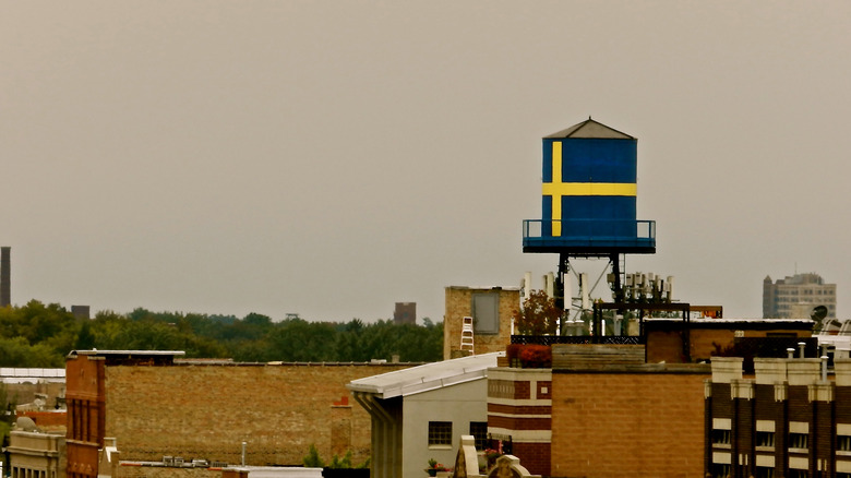 Andersonville water tower with Swedish flag