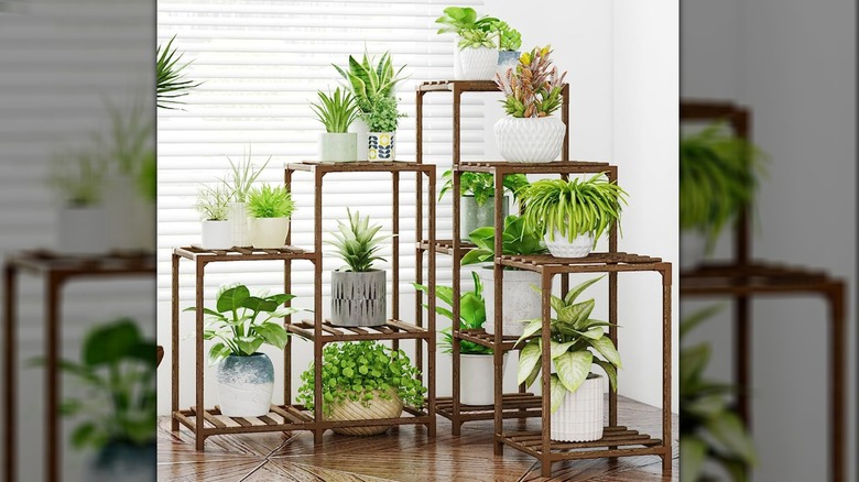 Two modular wooden tiered plant stands