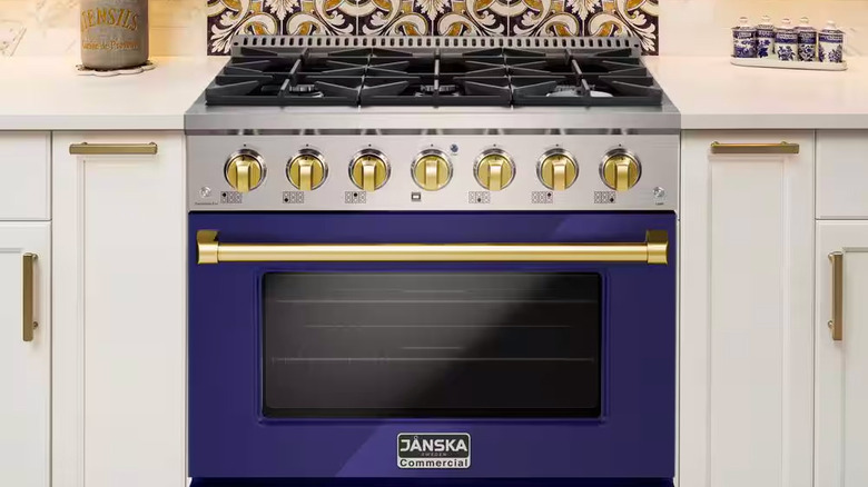 Blue Janska commercial range with gold hardware