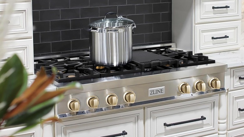 Stock pot on top of stainless steel ZLINE gas range