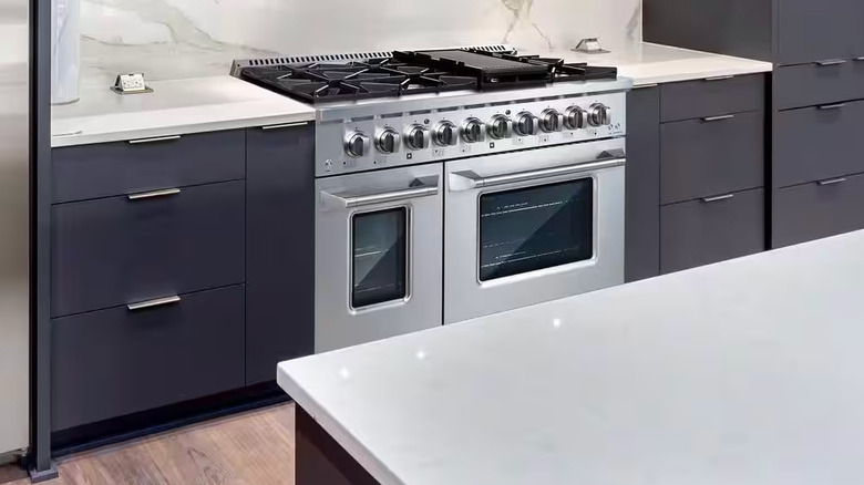 Mueller stainless steel double oven range with a griddle in dark blue kitchen