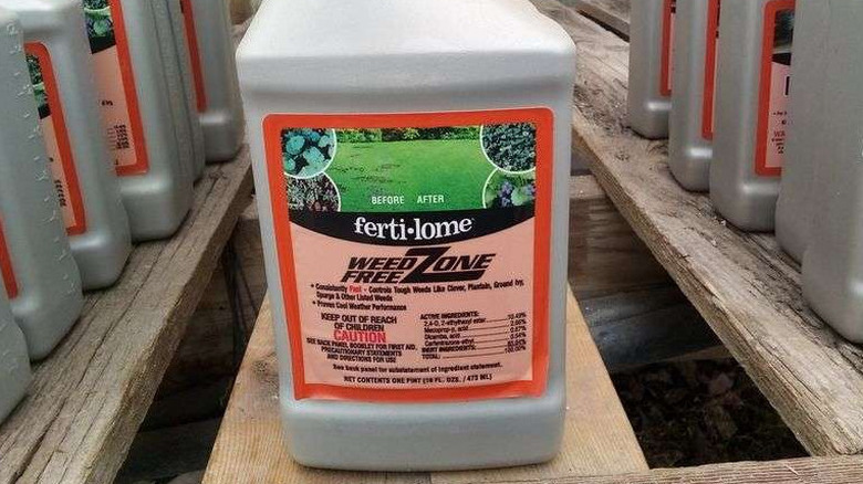 Bottle of ferti-lome Weed Free Zone weed killer on a shelf