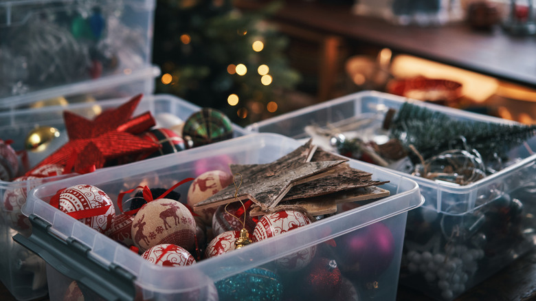 holiday decor storaged in plastic bins