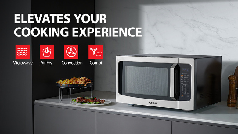 Toshiba 4-in-1 microwave oven cooking modes and symbols, captioned "elevates your cooking experience"