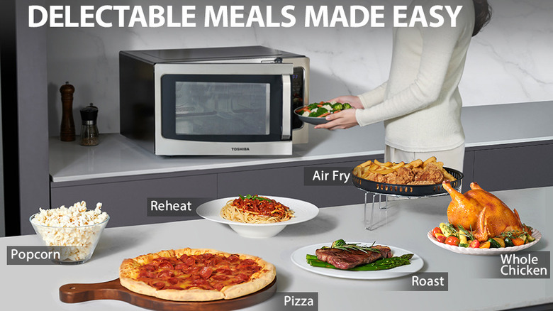 Toshiba 4-in-1 microwave oven's cooking modes with sample foods