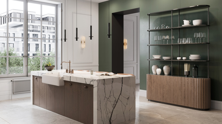 Kitchen with dark green wall